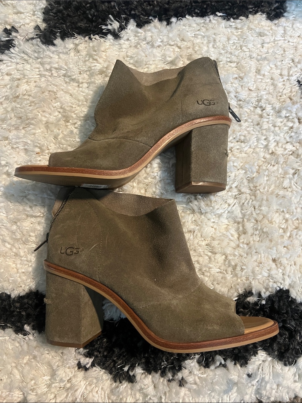 UGG Olive Suede Peep-Toe Block Heel Ankle Boots